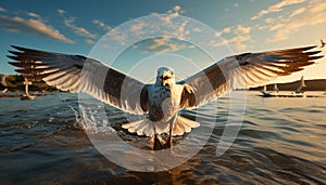 Seagull flying freely, wings spread, in nature tranquil sunset generated by AI