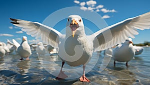Seagull flying freely, wings spread, reflecting beauty in nature generated by AI