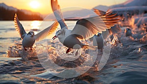 Seagull flying freely, wings spread, reflecting peace in tranquil sunset generated by AI