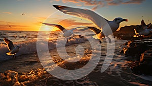 Seagull flying freely, wings spread, sunset reflects on tranquil sea generated by AI
