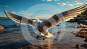 Seagull flying freely, wings spread, symbol of peace in nature generated by AI