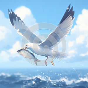 A seagull is flying and has a fish in its beak blue sky blure background with clouds. ai generative