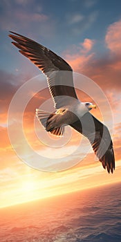 Seagull Flying Over The Ocean At Sunset - Paleocore Multidimensional Imagery photo