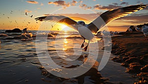 Seagull flying over tranquil sea, sunset paints nature beauty generated by AI