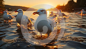 Seagull flying over water at sunset, nature beauty generated by AI