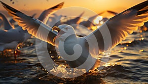 Seagull flying over water, sunset reflects beauty in nature generated by AI