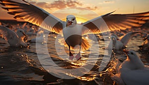 Seagull flying over water, sunset reflects beauty in nature generated by AI