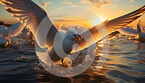 Seagull flying at sunset, freedom in nature tranquil beauty generated by AI