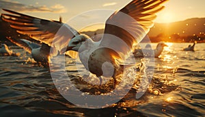 Seagull flying, sunset reflection on tranquil sea, nature beauty generated by AI