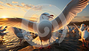Seagull flying in sunset, symbol of freedom generated by AI