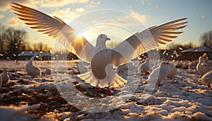 Seagull flying in winter snow, symbol of freedom generated by AI