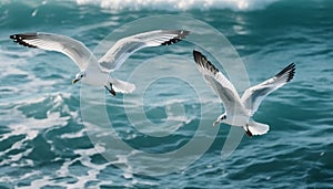 Seagull gliding above tranquil sea, taking off generated by AI