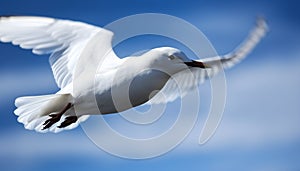 Seagull gliding mid air, spread wings in clear blue sky generated by AI