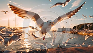 Seagull gliding in the sunset, spreading wings mid air generated by AI