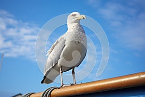 a seagull perched on a freshly painted boat mast