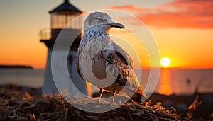 Seagull perching on grass, sunset sky, nature tranquil beauty generated by AI