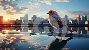 Seagull perching on a tree, reflecting in pond generated by AI