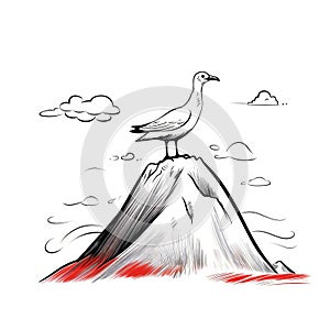 Seagull On Red Mountain: Captivating Illustration With High-contrast Shading