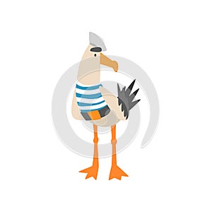 Seagull Sailor, Funny Bird Cartoon Character in Blue White Vest and Cap Vector Illustration