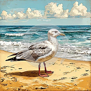 Seagull on the seashore in cartoon style