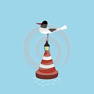 A seagull sits on a buoy in the sea.