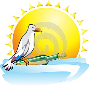 Seagull sitting on a bottle with a message floating over the ocean waves in the background of the sun. Bright pretty icon