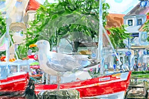 Seagull sitting on pier. Illustration of Warnemunde harbor at Baltic sea in Germany