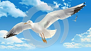 A seagull, soaring in the sky, seagull in flight on blue sky background