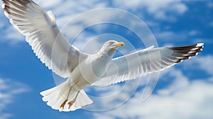 A seagull, soaring in the sky, seagull in flight on blue sky background