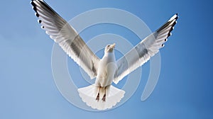 A seagull, soaring in the sky, seagull in flight on blue sky background