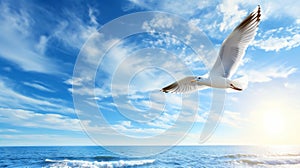 A seagull, soaring in the sky, seagull in flight on blue sky background