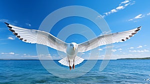 Seagull soars against blue coastal sky in flight.AI Generated