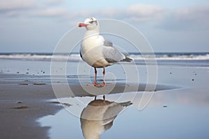 a seagull staring at its reflection in a puddle on a sandy beach