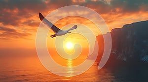 Seagull sunset flight, coastal cliffs, dramatic sky, travel poster