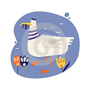 Seagull vector flat image. Sea bird holding fish in beak