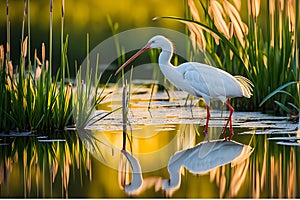 Seagull Wading in Crystal Waters: 3D Render Against Stunning Jungle Backdrop with Pristine White Plumage