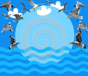 Seagulls on the background of sea waves and clouds. Contemporary art collage with space for text. Layout. Sea resort concept