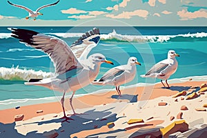 seagulls on the beach against the background of the sea, summer day , generative ai