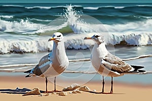 seagulls on the beach against the background of the sea, summer day,Generative AI