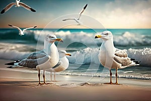 seagulls on the beach against the background of the sea, summer day,Generative AI