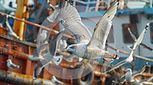 Seagulls circle around the ship hoping to catch any scraps of food from the crew photo