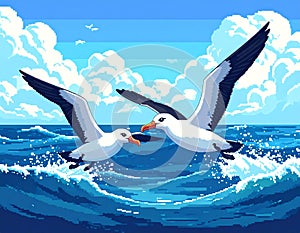Seagulls Flying Over Ocean Waves Under Bright Sky