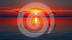 Seagulls flying sunset ocean reflection calm