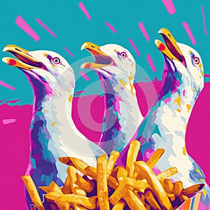 Seagulls with french fries on a colorful background. Vector illustration