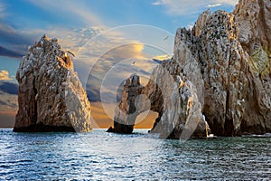 Seagulls in front of El Arco Arch of Cabo San Lucas at Sunset