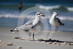 Seagulls Scavenging For Food On The Beach. Generative AI