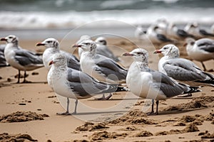 Seagulls Scavenging For Food On The Beach. Generative AI