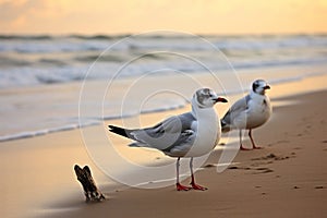 Seagulls silhouette, beach, sea, and sand merge in poetic simplicity