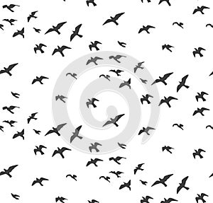 Seagulls silhouettes seamless pattern. Flock of flying birds gray silhouette. Dove, sea-gull sketch abstract bird Vector for wrap photo