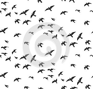 Seagulls silhouettes seamless pattern. Flock of flying birds gray silhouette. Dove, sea-gull sketch abstract bird Vector for wrap